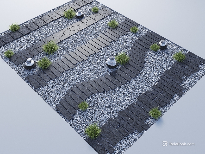 Stepping Stone Path With Gray Stone Slabs Pebbles Small Green Plants And Round Stone Lanterns 3d model 