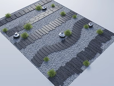 Stepping Stone Path With Gray Stone Slabs Pebbles Small Green Plants And Round Stone Lanterns 3d model