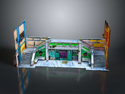 Concrete Stairs With Green Door And Graffiti On Both Side Walls 3d model