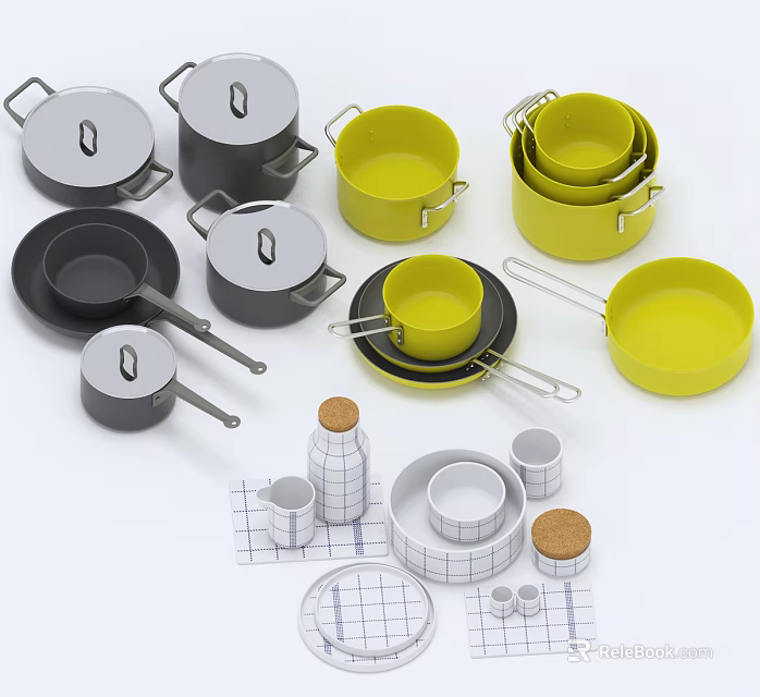 Assorted Kitchen Cookware With Yellow Black Gray Pots Pans Measuring Cups And Jars 3d model