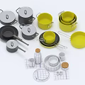 Assorted Kitchen Cookware With Yellow Black Gray Pots Pans Measuring Cups And Jars 3d model