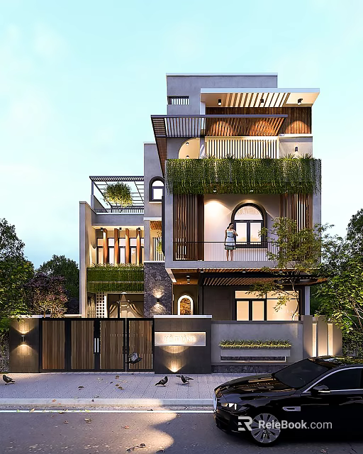 Modern Detached Villa With Greenery Covered Balcony Glass Elements And Stone Facade 3d model 