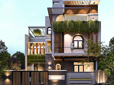 Modern Detached Villa With Greenery Covered Balcony Glass Elements And Stone Facade 3d model