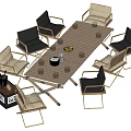 Outdoor Wooden Dining Table Set With Black Beige Metal Frame Chairs And Table Items
