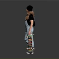 Young Girl In Black Beanie Black T Shirt And Light Blue Overalls Holding Colorful Skateboard