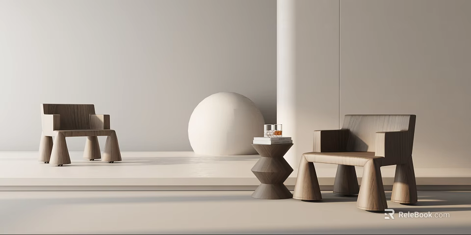 Minimalist Wooden Lounge Chair In Modern Interior With Side Table And Sphere Decoration 3d model 