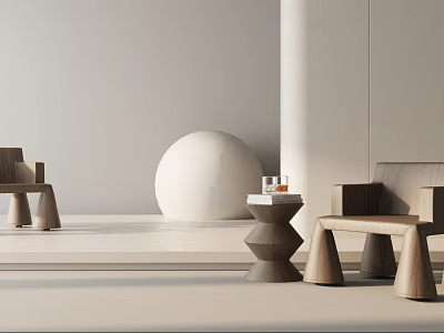 Minimalist Wooden Lounge Chair In Modern Interior With Side Table And Sphere Decoration 3d model