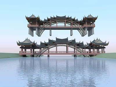 Chinese Traditional Bridge With Multiple Pavilions Over Calm Water Reflection 3d model