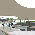 Modern Public Space Design with Shade Structures Greenery Curved Paths Circular Building and Pedestrian Activity