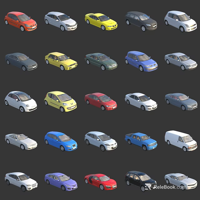 Multiple Cars in Various Colors and Different Styles Arranged on Black Background 3d model 