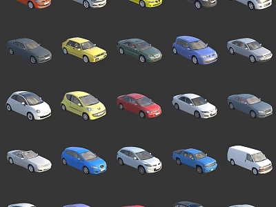 Multiple Cars in Various Colors and Different Styles Arranged on Black Background 3d model