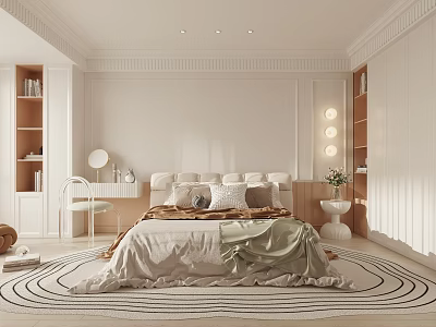 Elegant Bedroom Interior With Soft Bedding Bookshelves Dressing Table And Round Rug 3d model