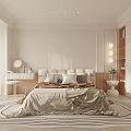 Elegant Bedroom Interior With Soft Bedding Bookshelves Dressing Table And Round Rug