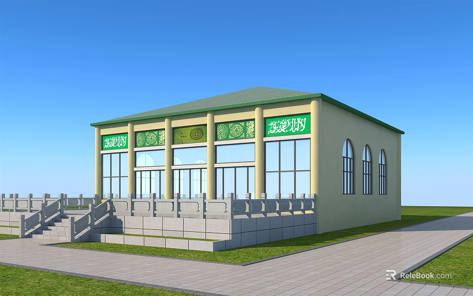 Public Restroom Building Featuring Green Roof Yellow Walls Signage And Steps In Grass Area 3d model 