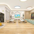 Bright Kindergarten Classroom Interior With Colorful Tables Chairs Toy Shelves And Soft Seating