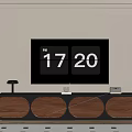 Wooden TV Stand With Circular Panels Holding TV And Devices On Decorative Wall