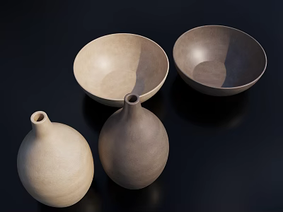 Minimalist Ceramic Tableware Set With Beige And Grey Round Bowls For Dining 3d model