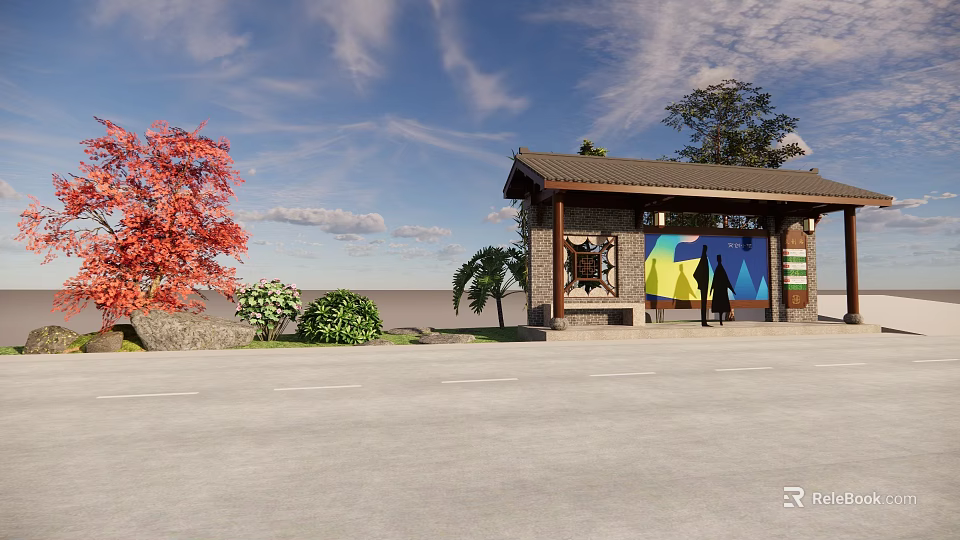 Modern Road Facility Bus Stop With Roofed Structure Trees And People Waiting 3d model