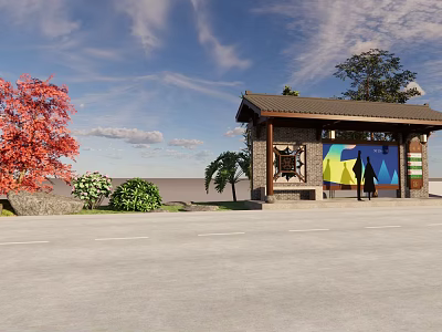 Modern Road Facility Bus Stop With Roofed Structure Trees And People Waiting 3d model