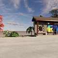 Modern Road Facility Bus Stop With Roofed Structure Trees And People Waiting 3d model