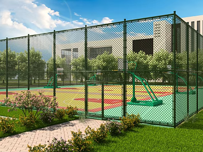 Outdoor Basketball Court With Green Fence Colorful Floor Trees And Grass Around 3d model