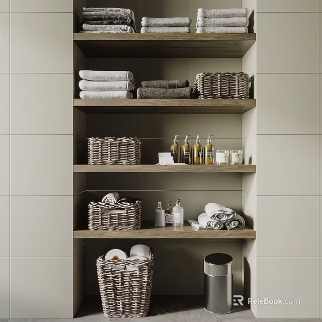 Organized Bathroom Accessories On Wooden Shelf With Towels Wicker Baskets And Toiletries 3d model 