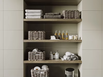 Organized Bathroom Accessories On Wooden Shelf With Towels Wicker Baskets And Toiletries 3d model