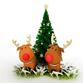 Festive Christmas Decorative Ornament Set With Reindeer Figurines Tree And Snowy Grass