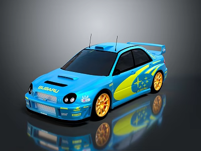 Subaru Rally Racing Car In Blue With Yellow Accents And Golden Wheels 3d model