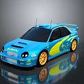 Subaru Rally Racing Car In Blue With Yellow Accents And Golden Wheels
