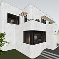 White Modern Detached Villa With Large Windows Archway Entrance And Green Lawn