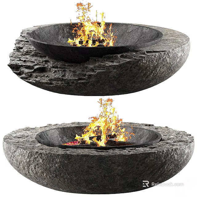 Rustic Circular Stone Fireplace With Natural Texture And Burning Flames 3d model 