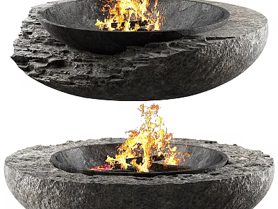 Rustic Circular Stone Fireplace With Natural Texture And Burning Flames 3d model