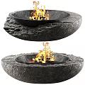 Rustic Circular Stone Fireplace With Natural Texture And Burning Flames