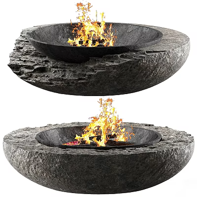 Rustic Circular Stone Fireplace With Natural Texture And Burning Flames 3d model