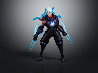 Futuristic Warrior Character With White Hair Glowing Core Black Outfit And Blue Energy Weapons 3d model