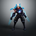 Futuristic Warrior Character With White Hair Glowing Core Black Outfit And Blue Energy Weapons