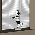 Silver Robot Sculpture With Headphones Holding White Ball On White Base Against Window Blinds Background