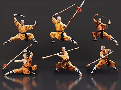 Men Practicing Martial Arts in Various Poses Holding Traditional Weapons and Yellow Robes 3d model
