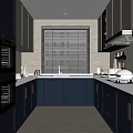Blue Kitchen Interior With White Countertops Window Blinds Appliances And Floral Decor