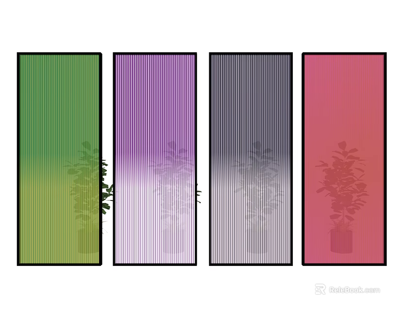 Colorful Modern Interior Room Dividers With Striped Design And Plant Silhouettes 3d model 