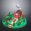 Miniature Farm Scene With Red Barn Windmill Red Car Trees And Fence