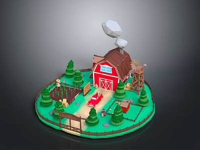 Miniature Farm Scene With Red Barn Windmill Red Car Trees And Fence 3d model