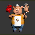 Chubby Pig Character In Yellow Apron With Devil And Angel Holding White Sign With Round Logo