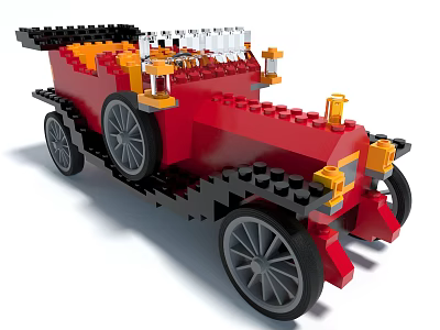 Lego Bricks Constructed Red Vintage Car with Black Yellow Accents Gray Wheels and Transparent Parts 3d model