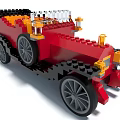 Lego Bricks Constructed Red Vintage Car with Black Yellow Accents Gray Wheels and Transparent Parts