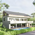 Detached Villa Featuring Solar Panels Swimming Pool Surrounded by Trees and Car in Driveway
