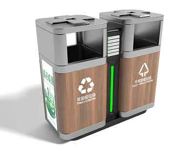 Modern Public Facility Separate Waste Bins With Wooden Panels And Recycling Symbols 3d model