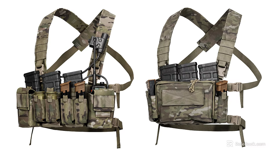 Tactical Vest With Camouflage Pattern Multiple Pockets Gear Attachments And Crossed Shoulder Straps 3d model 