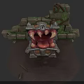 Character Facing Mythical Fanged Creature Mouth With Stone Walls Vines And Ornate Metal Frame